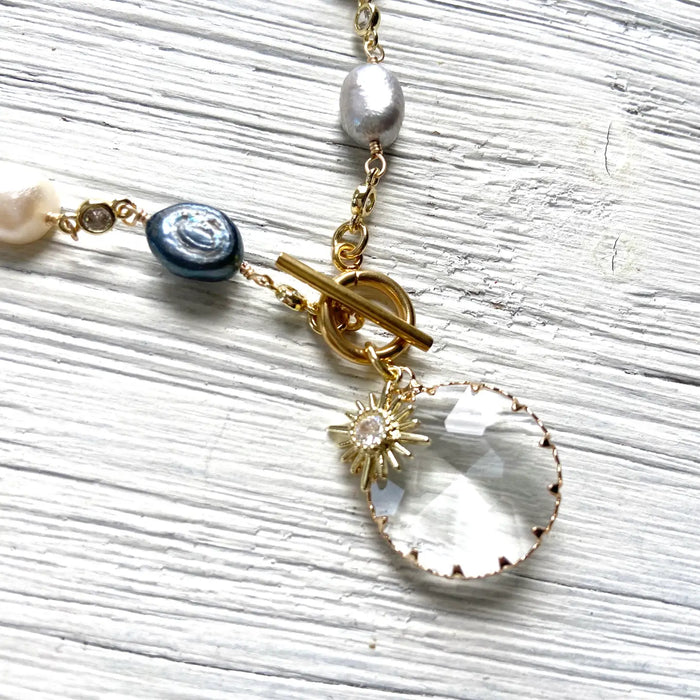 Sunburst Charm Crystal  Necklace-Multi Denim Mix,Color Pearl