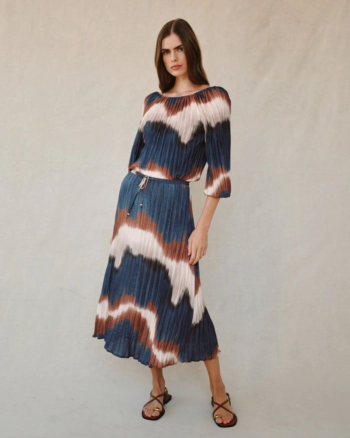 Pleated Skirt Midnight Tides Print