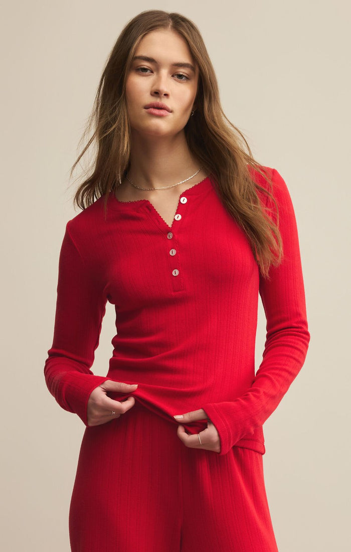 Z Supply Holly Pointelle Long Sleeve Top Festive Red