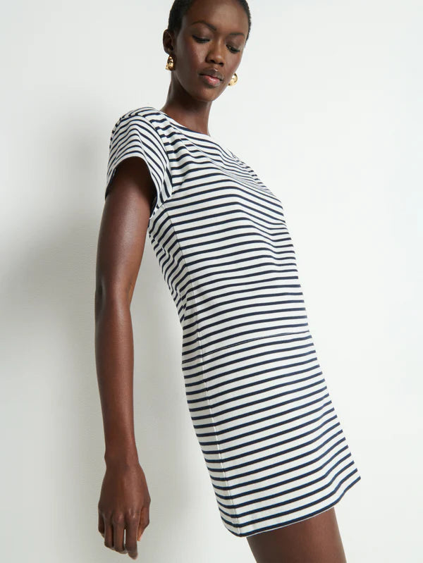 navy and white striped mini dress Navy and Ivory Striped Strapless Cotton Mini Dress