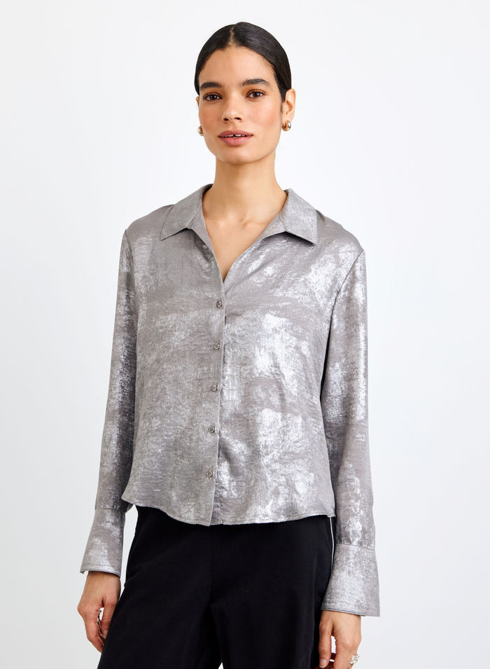 Bella Dahl Flowy Wide Collar Button Down Silver Distress Foil