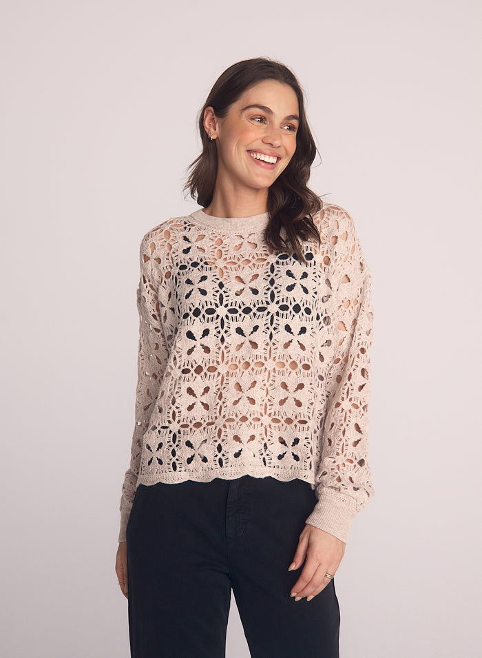 Crochet Crew Neck Sweater Soft Almond