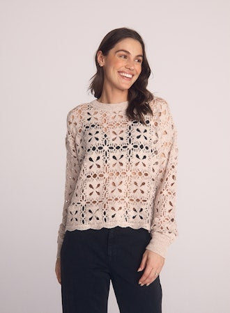 Crochet Crew Neck Sweater Soft Almond