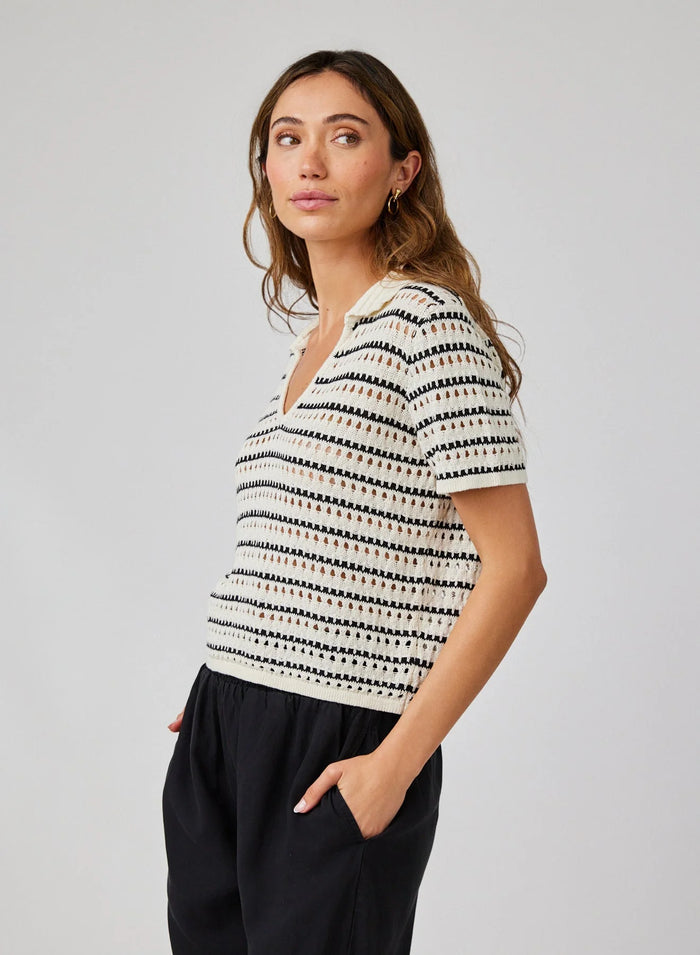Collared Popover Sweater Ivory/Black Stripe