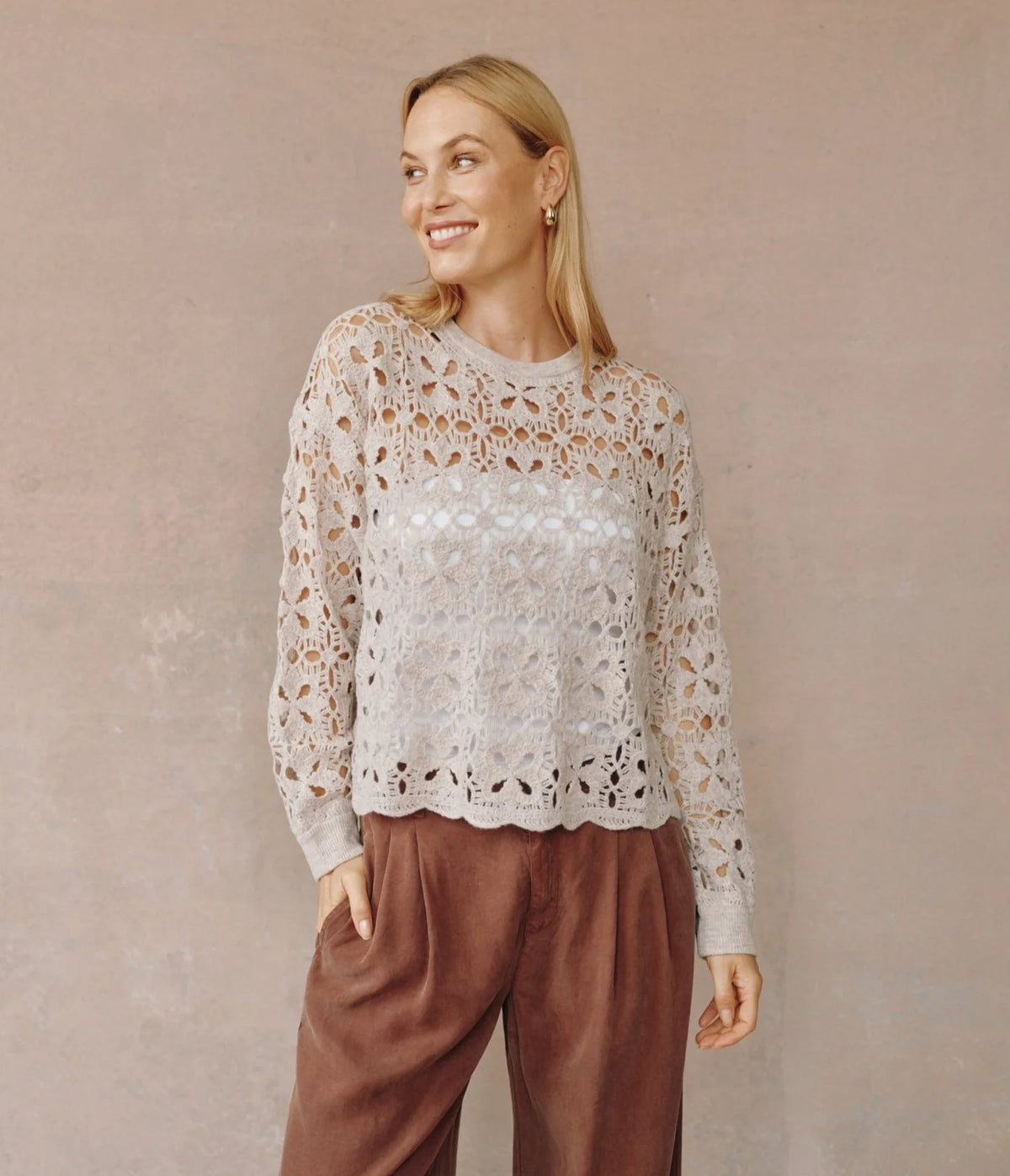 Bella Dahl Crochet Crew Neck Sweater Soft Almond