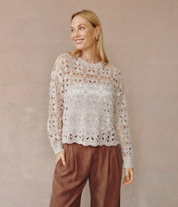 Bella Dahl Crochet Crew Neck Sweater Soft Almond