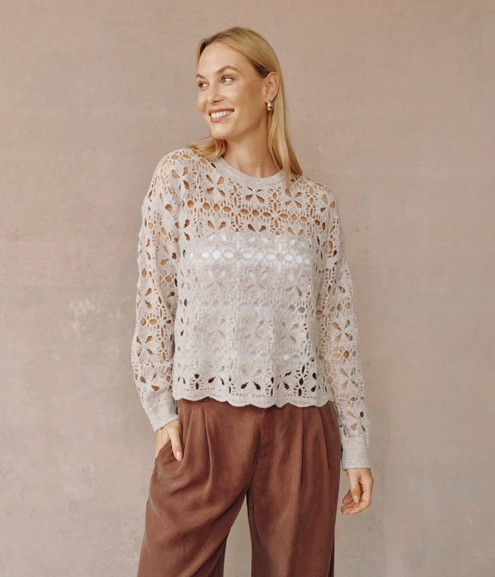 Bella Dahl Crochet Crew Neck Sweater Soft Almond