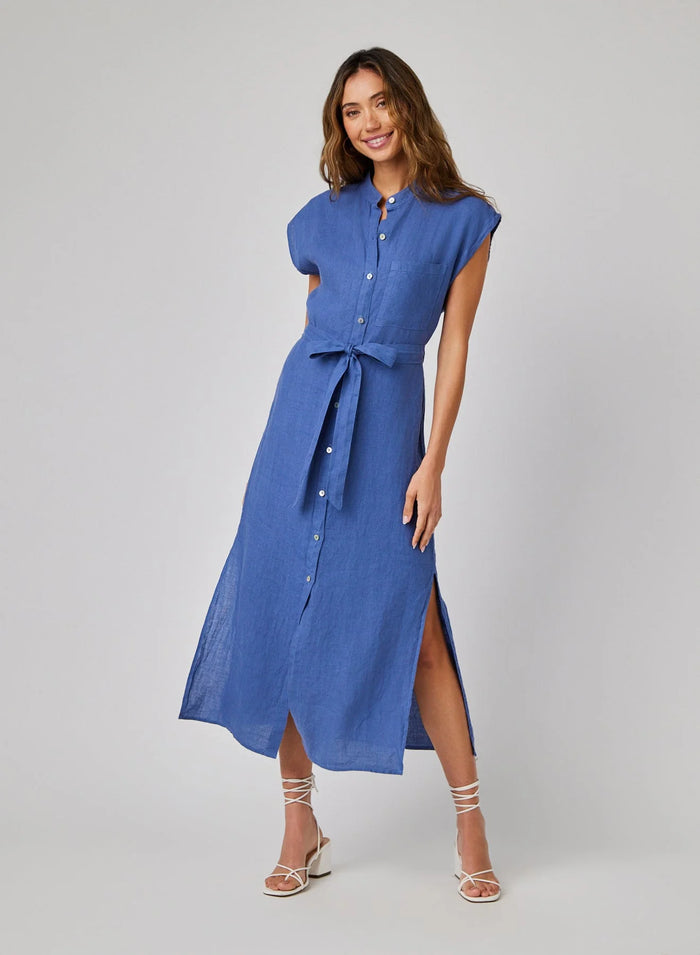 Linen Cap Sleeve Button Front Midi Dress - Antique Indigo