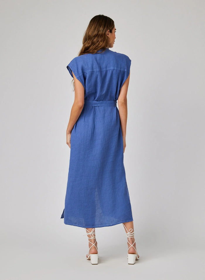 Linen Cap Sleeve Button Front Midi Dress - Antique Indigo