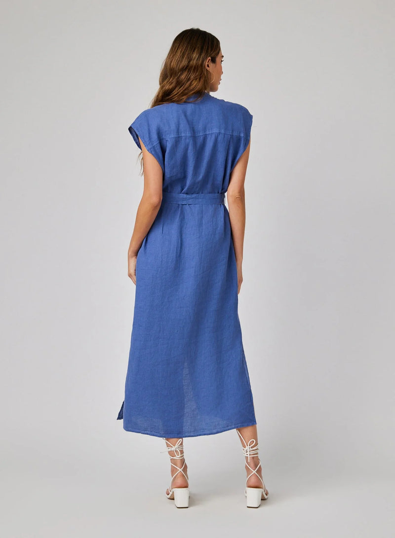 Linen Cap Sleeve Button Front Midi Dress - Antique Indigo