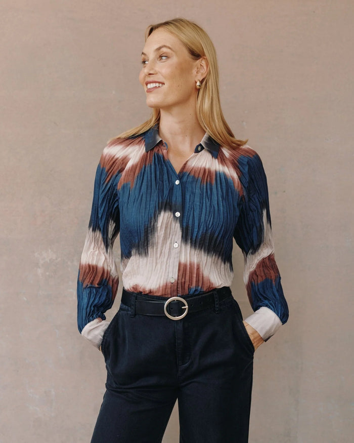 Pleated Raglan Sleeve Shirt Midnight Tides Print