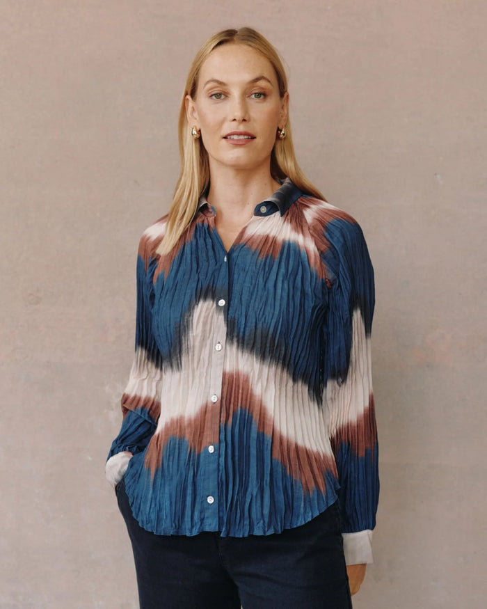 Pleated Raglan Sleeve Shirt Midnight Tides Print