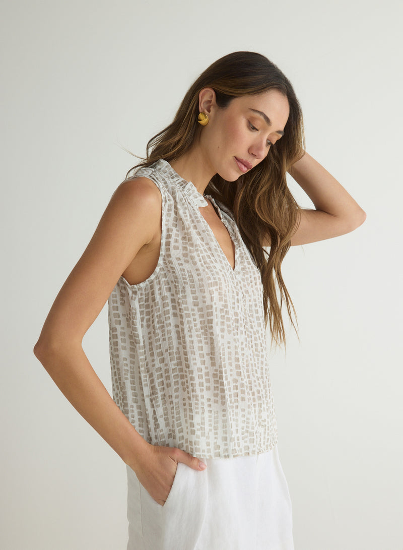 Ruffle Neck Tank Absract Blocks Print