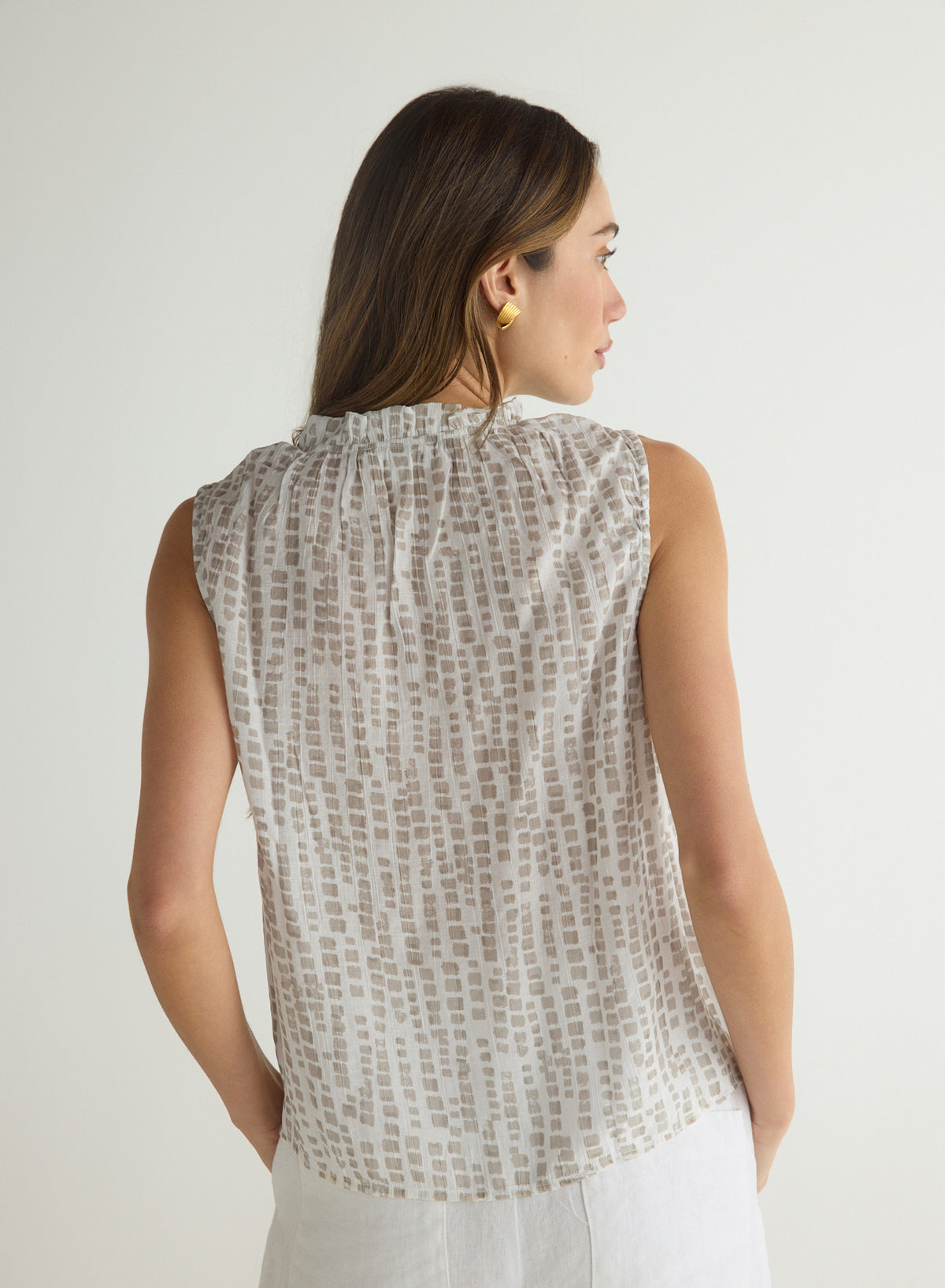 Ruffle Neck Tank Absract Blocks Print